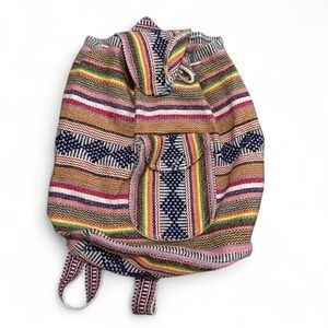 VTG Boho Multicolored Canvas Handmade Backpack Drawstring Medium Size 16x15”